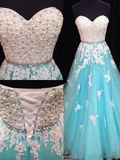 A-line Light Sky Blue Tulle with Lace-up Pearl Detailing Sweetheart Prom Dress #JCD02018886