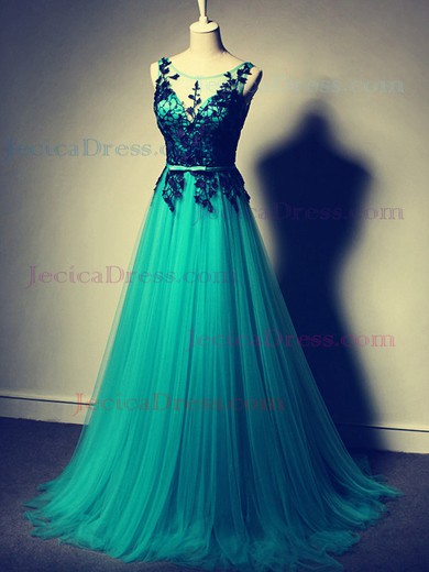 Tulle A-line Scoop Neck Floor-length Lace Prom Dresses #JCD02018900