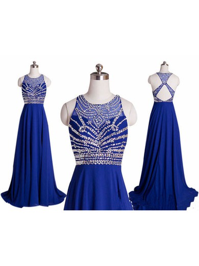 Royal Blue Chiffon Tulle Beading and Sequins Inexpensive Scoop Neck Prom Dress #JCD02018903