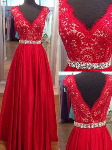 Perfect V-neck Floor-length Lace Satin with Beading Red Prom Dresses #JCD02018915