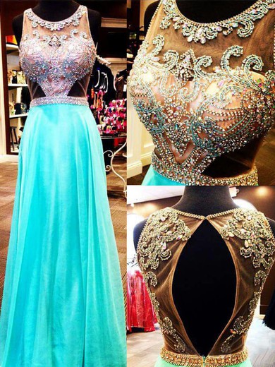 Ladies Backless Scoop Neck Chiffon Tulle Crystal Detailing A-line Prom Dress #JCD02018918