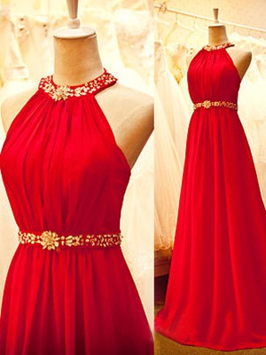 Beautiful Halter Open Back Crystal Detailing Red Chiffon Floor-length Prom Dresses #JCD02018934