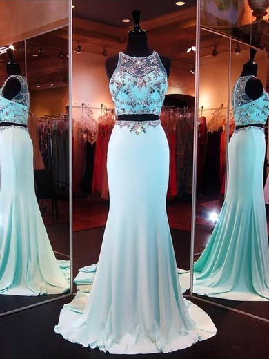 Trumpet/Mermaid Blue Silk-like Satin Two Piece Scoop Neck Beautiful Prom Dress #JCD02018936