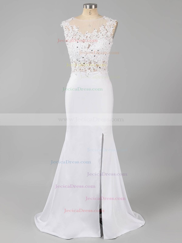 Tulle Silk-like Satin Sheath/Column Scoop Neck Floor-length Appliques Lace Prom Dresses #JCD02018939