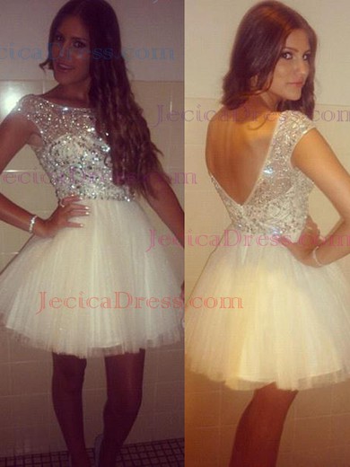 Short Open Back Ivory Tulle Crystal Detailing Cap Straps Inexpensive Prom Dress #JCD02018983