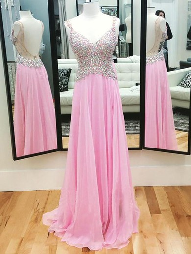 A-line Pink Chiffon Open Back Crystal Detailing V-neck Prom Dress #JCD02018993