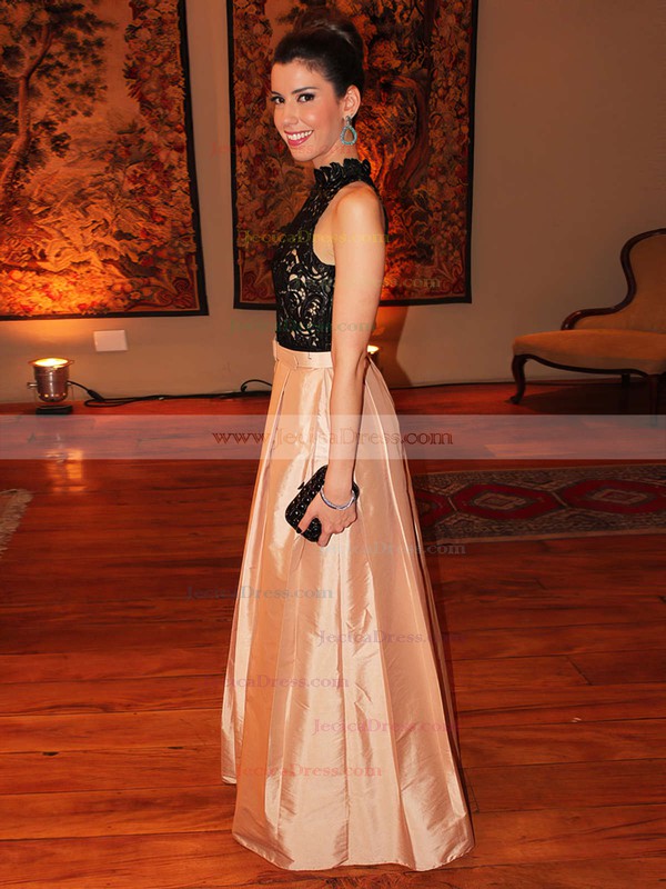 Lace Taffeta A-line High Neck Floor-length Lace Prom Dresses #JCD02019002