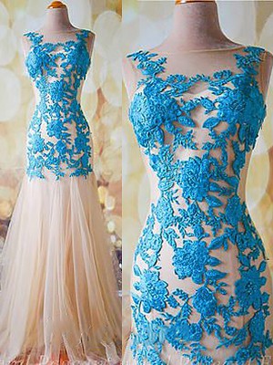 Tulle Trumpet/Mermaid Scoop Neck Floor-length Appliques Lace Prom Dresses #JCD02019003
