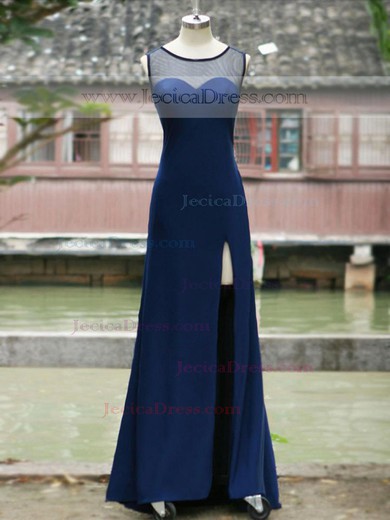 Informal Royal Blue Silk-like Satin Tulle with Beading Split Front Prom Dress #JCD02019045
