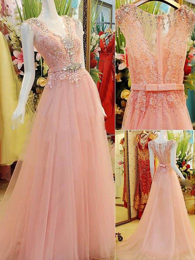 Sweep Train Tulle with Beading Casual Pink V-neck Prom Dress #JCD02019050