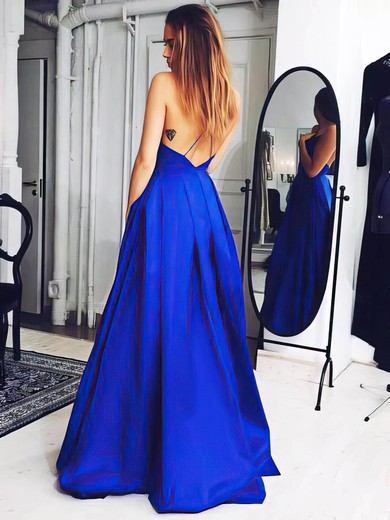 Simple Royal Blue Elastic Woven Satin V-neck Spaghetti Straps A-line Prom Dress #JCD02019053