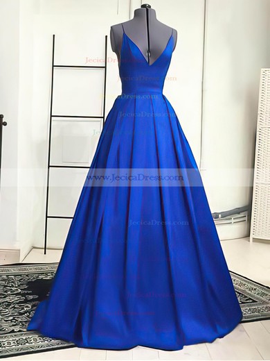 Simple Royal Blue Elastic Woven Satin V-neck Spaghetti Straps A-line Prom Dress #JCD02019053