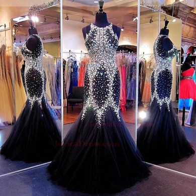 Trumpet/Mermaid Elegant Black Tulle Crystal Detailing Scoop Neck Prom Dresses #JCD02019054