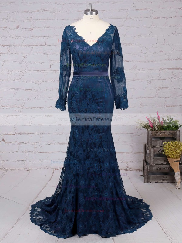 Custom Long Sleeves Lace V-neck Trumpet/Mermaid Dark Navy Prom Dress #JCD02019085