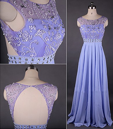 Scoop Neck Lavender Chiffon Tulle with Beading Great Open Back Prom Dress #JCD02019092