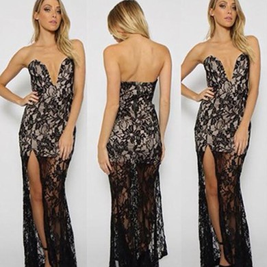 Black Sheath/Column Lace with Split Front Modern V-neck Prom Dress #JCD02019094