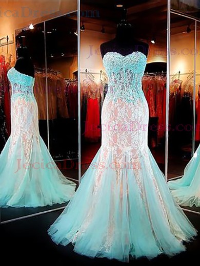 Vintage Sweetheart Lace Tulle Appliques Lace Trumpet/Mermaid Prom Dresses #JCD02019098