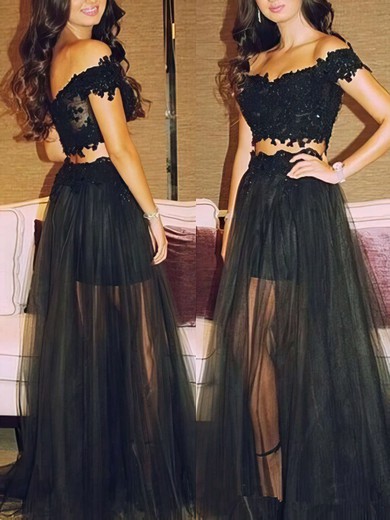 Perfect Black Tulle Appliques Lace Off-the-shoulder Two Piece Prom Dresses #JCD02019106