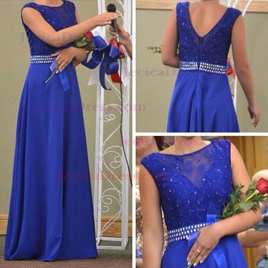 Different Floor-length Lace Elastic Woven Satin Beading Scoop Neck Royal Blue Prom Dress #JCD02019122