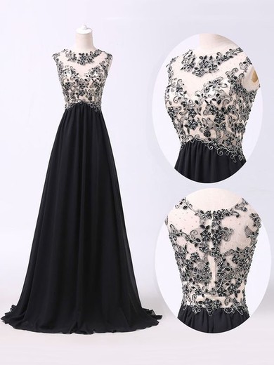 A-line Chiffon Tulle Beading Appliques Lace Scoop Neck Black Nicest Prom Dress #JCD02019128