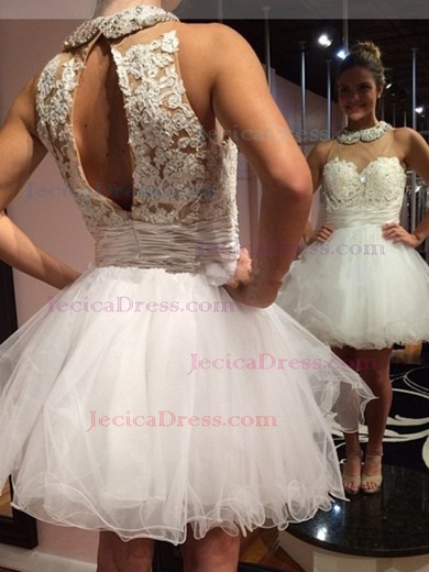 Girls Scoop Neck White Organza Tulle Beading and Appliques Lace A-line Prom Dress #JCD02018663