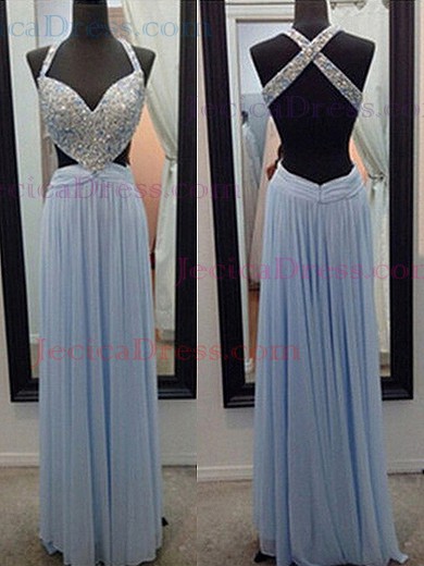 Elegant Open Back Light Sky Blue Chiffon Beading Halter A-line Prom Dress #JCD02018667