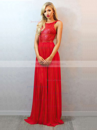 Modern Scoop Neck Open Back Chiffon Sequined Ruffles A-line Red Prom Dress #JCD02018684