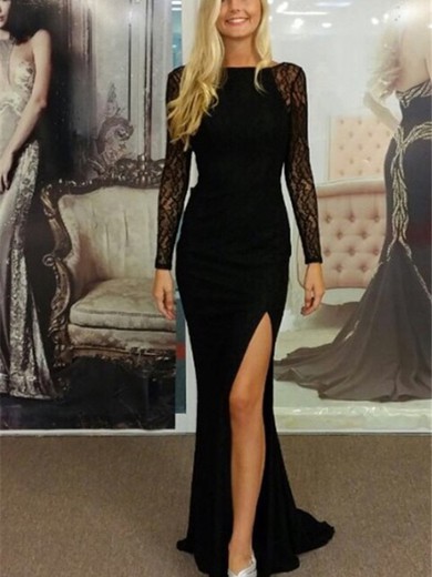 Sheath/Column Split Front Long Sleeve Black Lace Silk-like Satin Prom Dress #JCD02018688