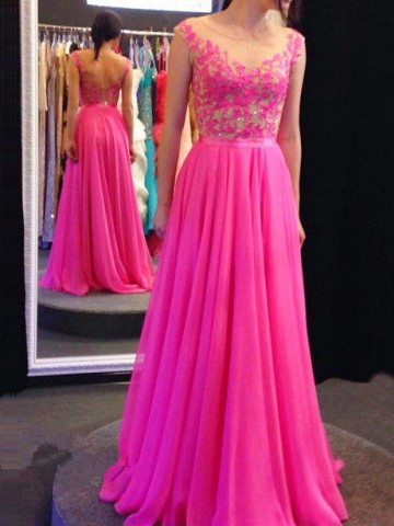 Exclusive Fuchsia Chiffon Tulle Appliques Lace Backless Scoop Neck Prom Dresses #JCD02018694