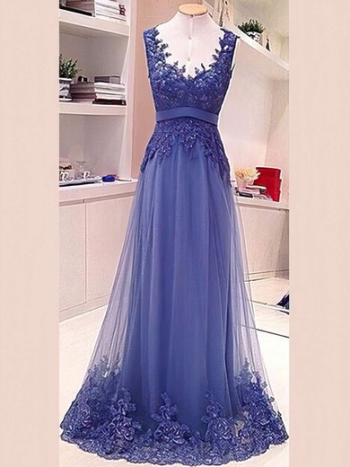 Royal Blue Lace Tulle V-neck Sashes / Ribbons Open Back Floor-length Prom Dress #JCD02018702