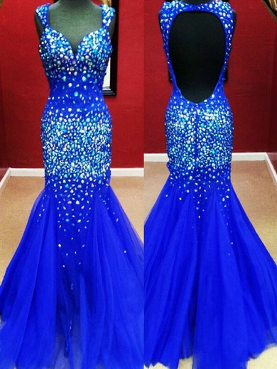 Elegant Royal Blue Tulle Beading Backless Trumpet/Mermaid Sweetheart Prom Dress #JCD02018716