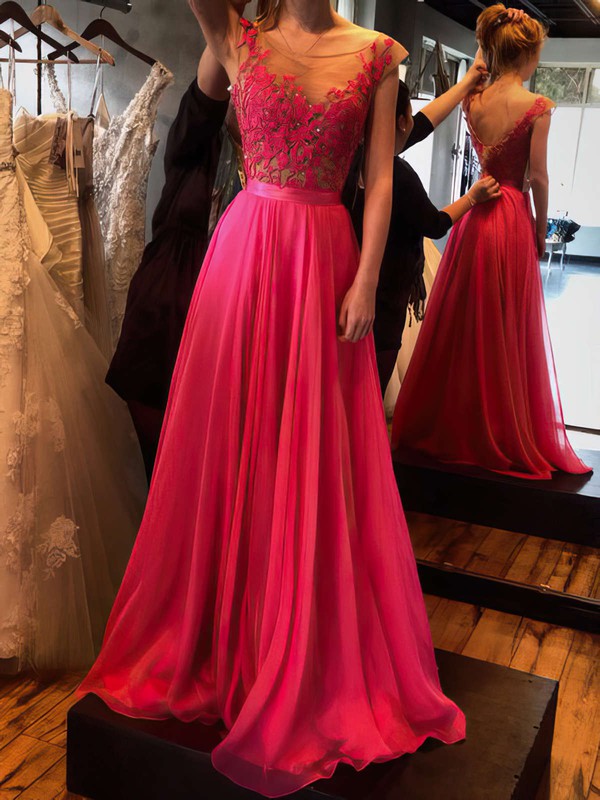 Modern Scoop Neck Appliques Lace Cap Straps Chiffon Tulle Prom Dress #JCD02018717