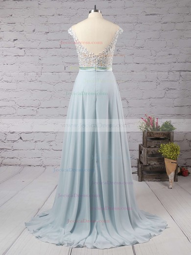 Modern Scoop Neck Appliques Lace Cap Straps Chiffon Tulle Prom Dress #JCD02018717