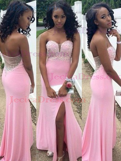 Different Sheath/Column Pink Silk-like Satin Split Front Sweetheart Prom Dress #JCD02018718