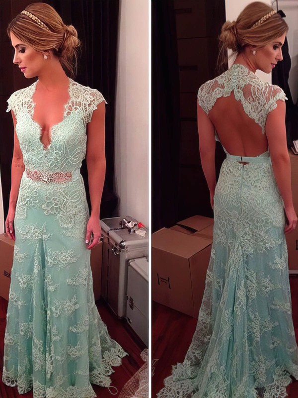 Elegant Trumpet/Mermaid Sashes/Ribbons V-neck Cap Straps Lace Prom Dress #JCD02018720