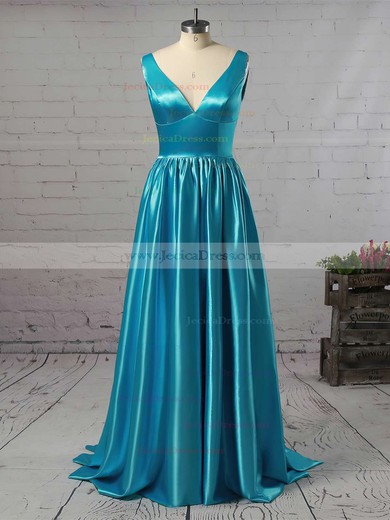 For Cheap Floor-length Elastic Woven Satin Ruffles Open Back V-neck Prom Dress #JCD02018723