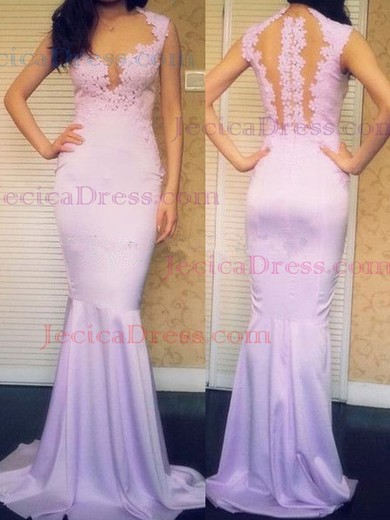 Original Lilac Trumpet/Mermaid Silk-like Satin Applique Lace Scoop Neck Prom Dress #JCD02018728