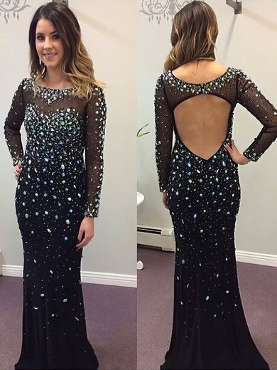 Gorgeous Black Tulle Chiffon Scoop Neck Crystal Detailing Long Sleeve Prom Dresses #JCD02018739
