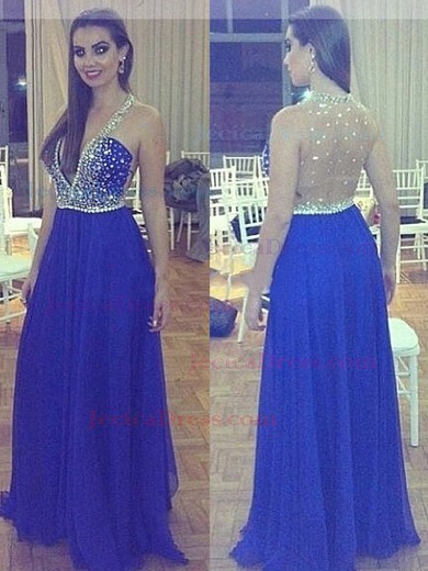 Floor-length Royal Blue Chiffon Tulle Crystal Detailing V-neck Sparkly Prom Dress #JCD02018741