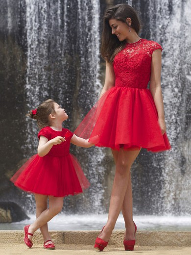 Wholesale Scoop Neck Red Tulle Lace Ruffles Short/Mini Prom Dresses #JCD02018746