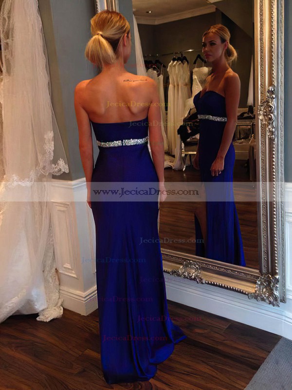 Simple Sheath/Column Silk-like Satin Split Front Royal Blue Prom Dresses #JCD02018751