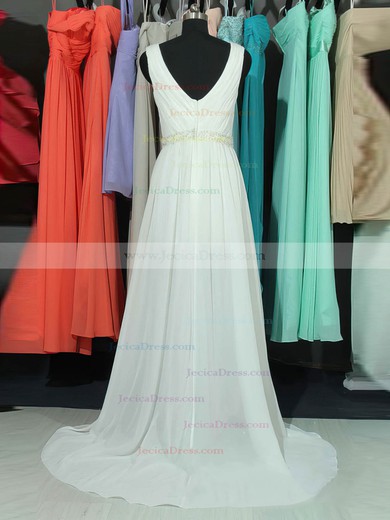 Chiffon A-line V-neck Sweep Train Lace Prom Dresses #JCD02018761