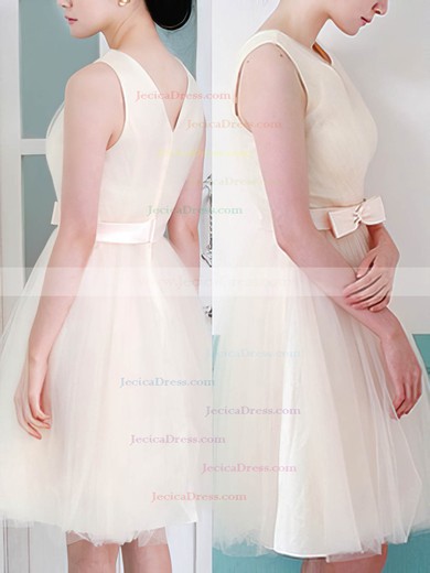 Modern Champagne Tulle with Bow V-neck Knee-length Bridesmaid Dresses #JCD01012105