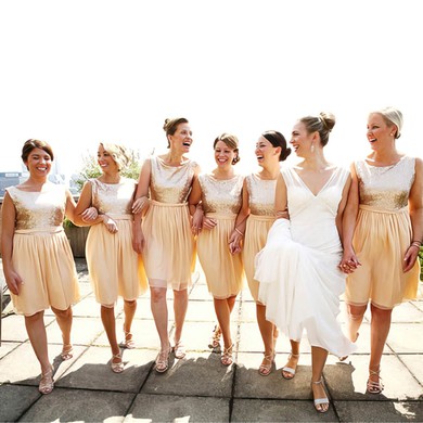 Champagne Knee-length Chiffon Sequined Sashes/Ribbons Great Bridesmaid Dress #JCD01012134