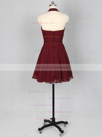 For Cheap Burgundy Ruffles Chiffon Halter Short/Mini Bridesmaid Dress #JCD01012151
