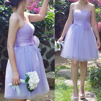 Lilac Tulle with Sashes/Ribbons Strapless Lace-up Short/Mini Bridesmaid Dresses #JCD01012185