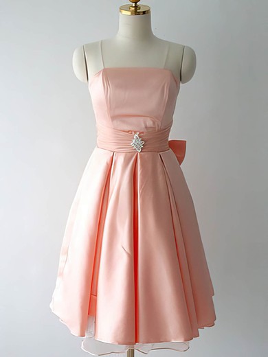Elegant Knee-length Pink Satin with Bow Strapless Bridesmaid Dresses #JCD01012217