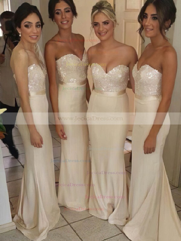 Discount Trumpet/Mermaid Silk-like Satin Sequined Sashes/Ribbons Ivory Bridesmaid Dresses #JCD01012230