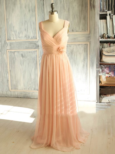 Popular A-line V-neck Chiffon with Flower(s) Pink Bridesmaid Dress #JCD01012398