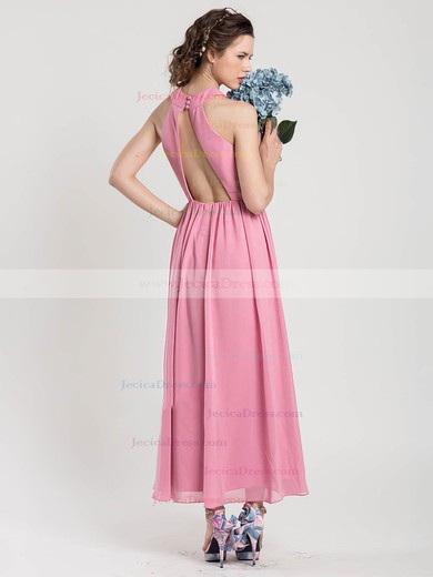 Ankle-length Halter Chiffon Open Back Nice Pink Bridesmaid Dress #JCD01012402